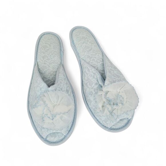 Angel Treads Vintage Blue Lace Women's House Slippers 60s Peep Toe - Picture 1 of 10